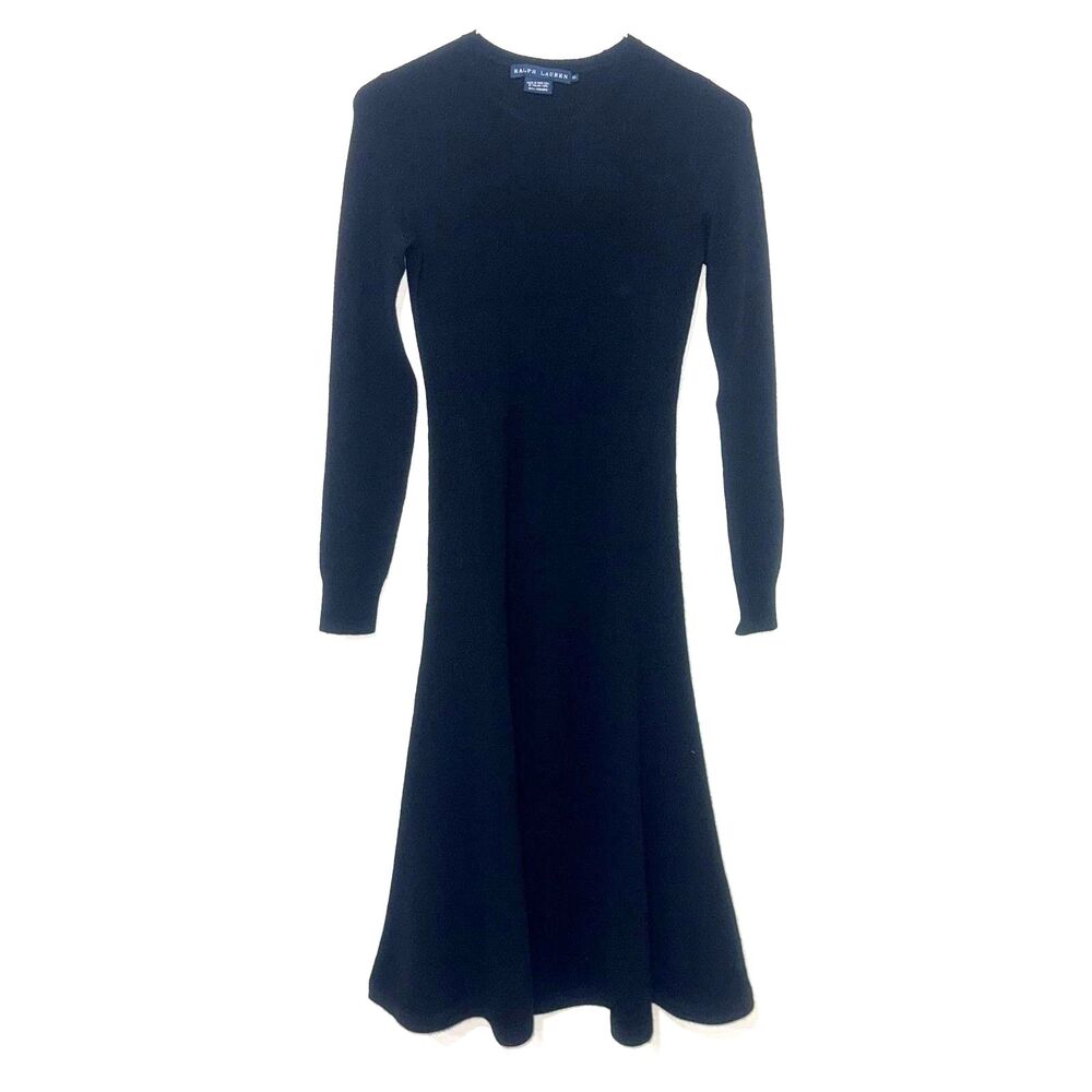 Ralph Lauren 100% Cashmere Crew Neck Long Sleeve Midi Dress - Black XS